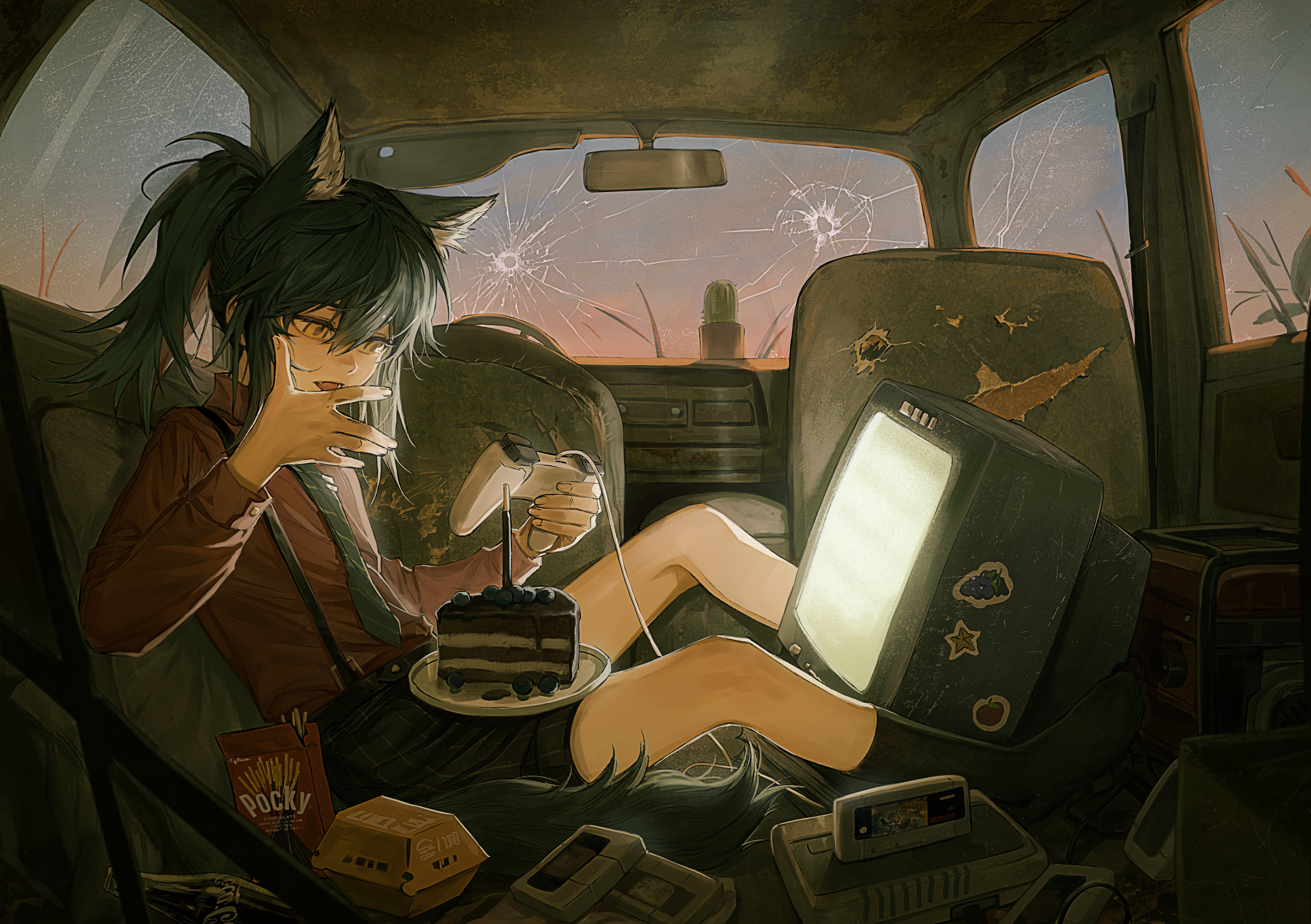 deatiose, texas (arknights), texas (willpower) (arknights), arknights, absurdres, chinese commentary, commentary request, highres, revision, 1girl, animal ears, black shorts, black socks, bottle, broken window, bullet hole, cactus, cake, cake slice, car interior, collared shirt, controller, crt, evening, food, from side, game cartridge, game console, green necktie, hand up, holding, holding controller, licking own finger, long sleeves, looking at food, necktie, object on lap, outstretched legs, plant, playing games, pocky, ponytail, potted plant, red shirt, shirt, shorts, sitting, socks, soda bottle, solo, super famicom cartridge, suspender shorts, suspenders, tail, video game, wolf ears, wolf girl, wolf tail, yellow eyes