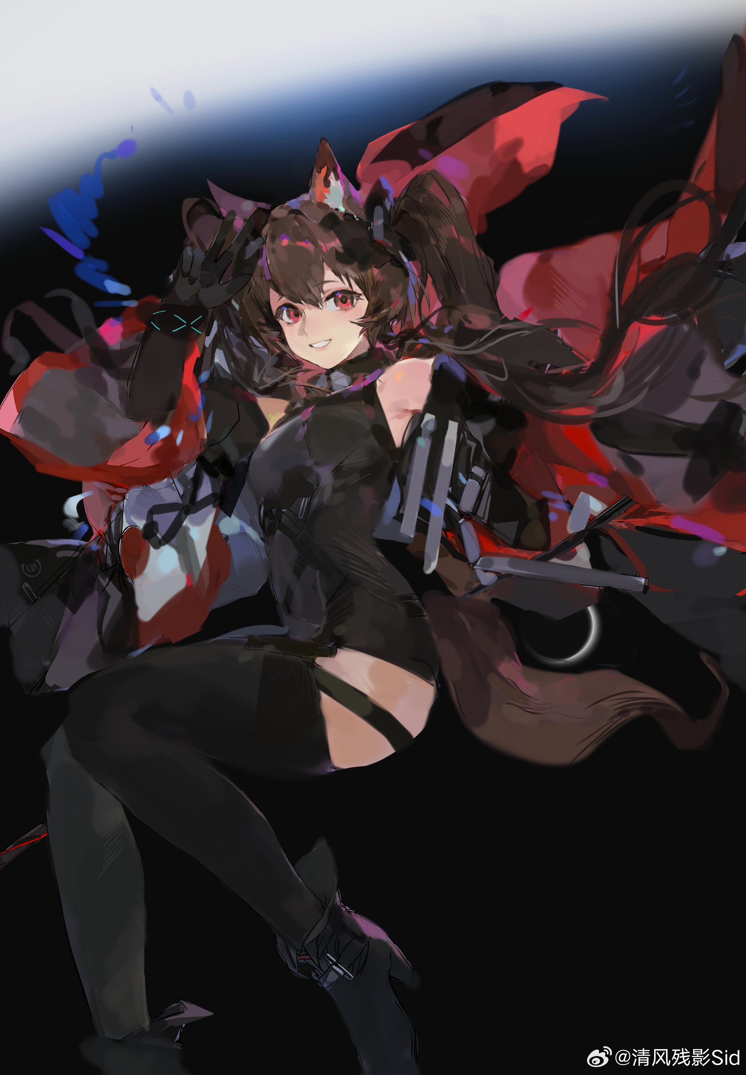 qingfeng canying, angelina (arknights), gilberta (arknights), infection monitor (arknights), arknights, arknights: endfield, absurdres, chinese commentary, commentary request, highres, 1girl, animal ear fluff, animal ears, bare shoulders, black background, black gloves, black thighhighs, bracelet, breasts, brown hair, coat, dress, elbow gloves, floating clothes, floating hair, fold-over boots, fox ears, fox girl, fox tail, gloves, grey dress, headpiece, high collar, impossible clothes, impossible dress, jewelry, long hair, long sleeves, looking at viewer, medium breasts, off shoulder, open clothes, open coat, red coat, red eyes, short dress, sleeveless, sleeveless dress, solo, tail, thighhighs, twintails, very long hair, w, watermark, weibo username, weibo watermark, zettai ryouiki