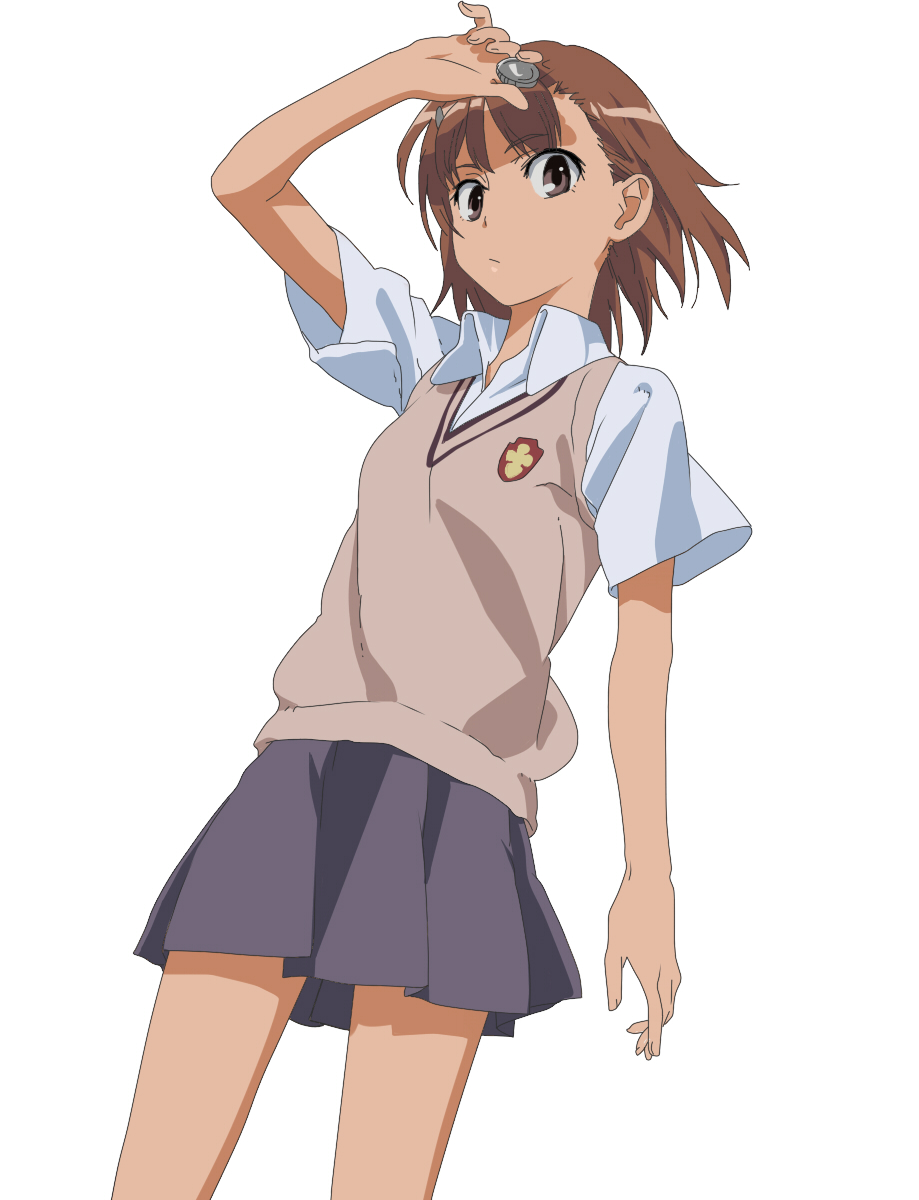 hijiri hana, misaka mikoto, toaru kagaku no railgun, toaru majutsu no index, highres, 00s, 1girl, brown eyes, brown hair, coin, electricity, electrokinesis, female focus, hair ornament, hairclip, school uniform, short hair, shorts, simple background, skirt, solo, white background