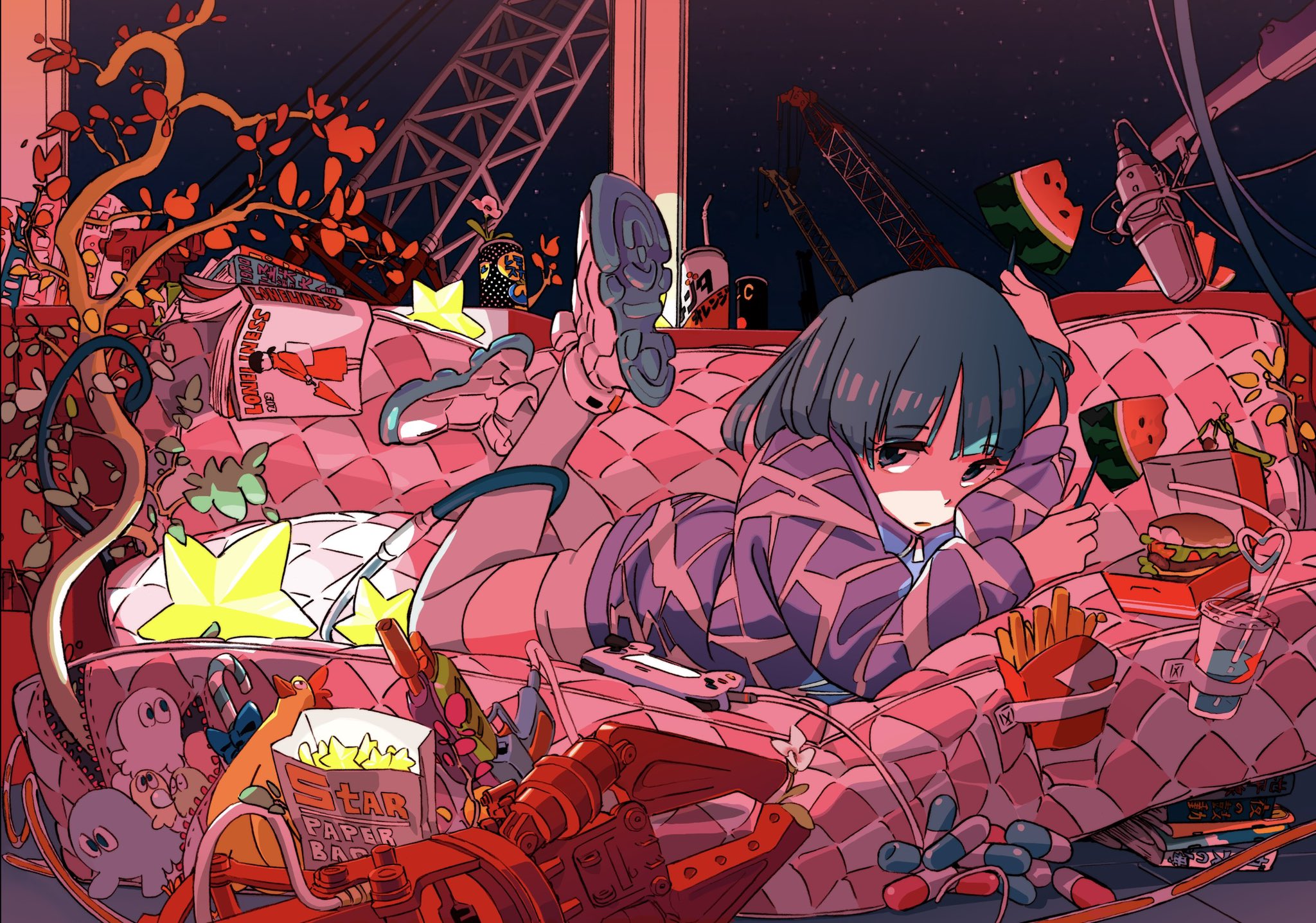 sushio, original, highres, 1girl, bag, bendy straw, blue hair, book, burger, cable, can, candy, candy cane, couch, crane (machine), cup, disposable cup, drink can, drinking straw, food, french fries, fruit, handheld game console, jacket, lying, microphone, on couch, on stomach, paper bag, plant, praying mantis, print jacket, rubber chicken, shoes, sky, solo, star (sky), star (symbol), starry sky, the pose, thighhighs, water gun, watermelon, watermelon slice, white thighhighs, window