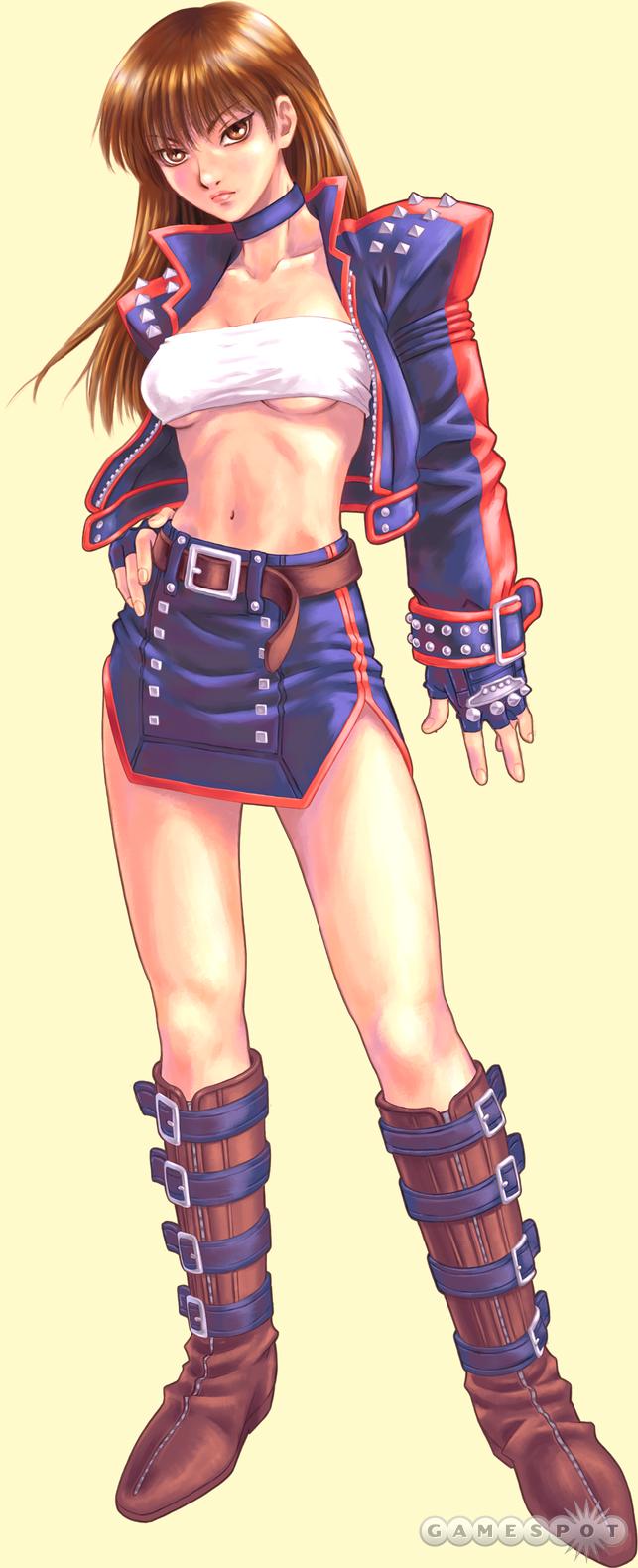 kirishima nagi, bloody roar, bloody roar 4, highres, 1girl, bandeau, belt, boots, breasts, brown eyes, brown hair, choker, female focus, fingerless gloves, full body, gloves, jacket, medium breasts, midriff, navel, solo, standing, strapless, tank top, tube top, underboob, watermark