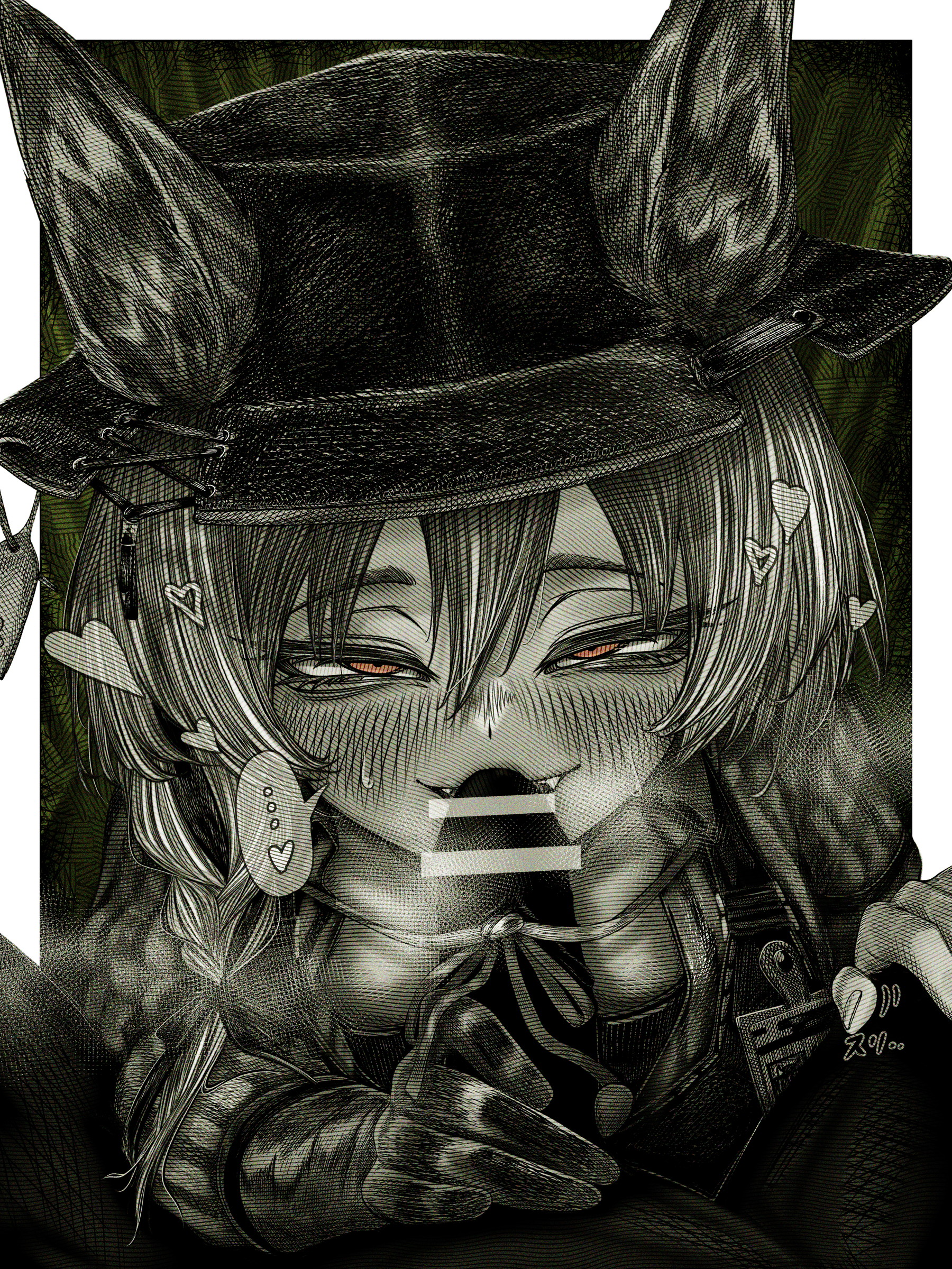 kyoeikyoei52906, beanstalk (arknights), arknights, absurdres, commentary request, highres, 1boy, 1girl, animal ear fluff, animal ears, blank censor, blush, braid, censored, ears through headwear, fellatio, gloves, greyscale, hair between eyes, hetero, hyena ears, hyena girl, hyena tail, id card, long hair, long sleeves, monochrome, oral, orange eyes, penis, pov, single braid, single glove, spot color