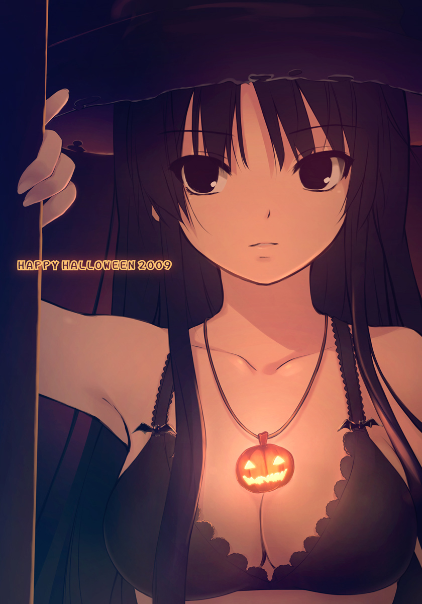 coffee-kizoku, akiyama mio, k-on!, original, highres, 00s, 1girl, 2009, bat (animal), black eyes, black hair, bra, breasts, cleavage, collarbone, female focus, halloween, happy halloween, hat, jack-o'-lantern, lingerie, long hair, medium breasts, pumpkin, solo, underwear, witch hat