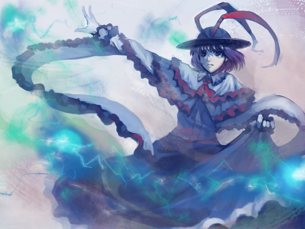 charimei, nagae iku, touhou, 1girl, female focus, hat, purple hair, red eyes, short hair, skirt hold, solo