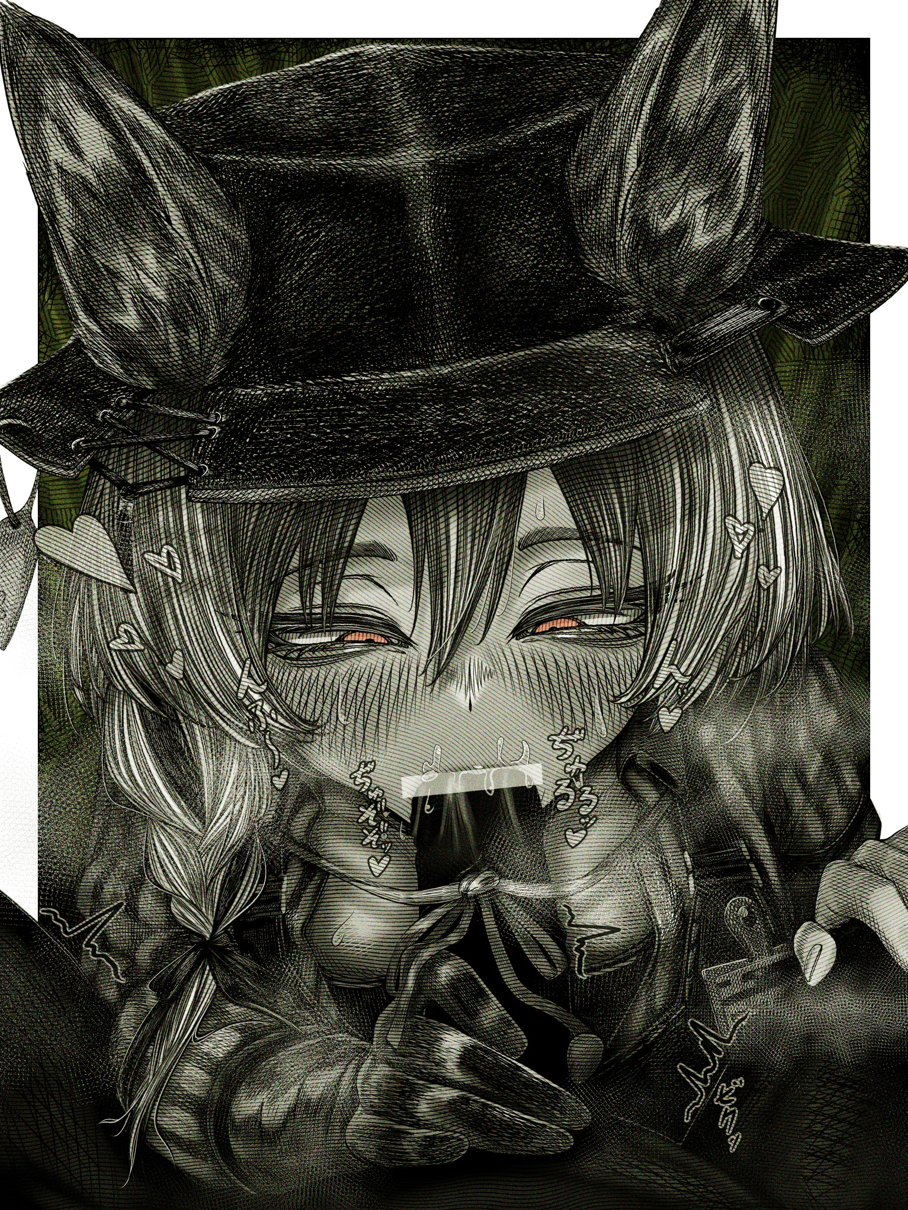 kyoeikyoei52906, beanstalk (arknights), arknights, absurdres, commentary request, highres, 1boy, 1girl, animal ear fluff, animal ears, blank censor, blush, braid, censored, ears through headwear, fellatio, gloves, greyscale, hair between eyes, hetero, hyena ears, hyena girl, hyena tail, id card, long hair, long sleeves, monochrome, oral, orange eyes, penis, pov, saliva, single braid, single glove, spot color