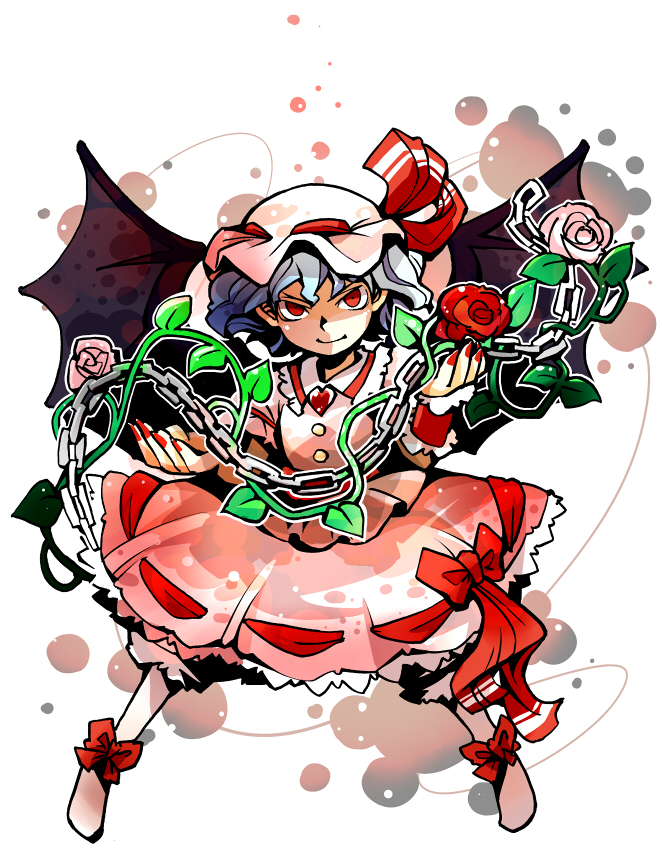 hounori, remilia scarlet, touhou, bad id, bad pixiv id, 1girl, bat wings, blue hair, chain, dress, female focus, flower, full body, hat, plant, red eyes, rose, solo, white background, wings