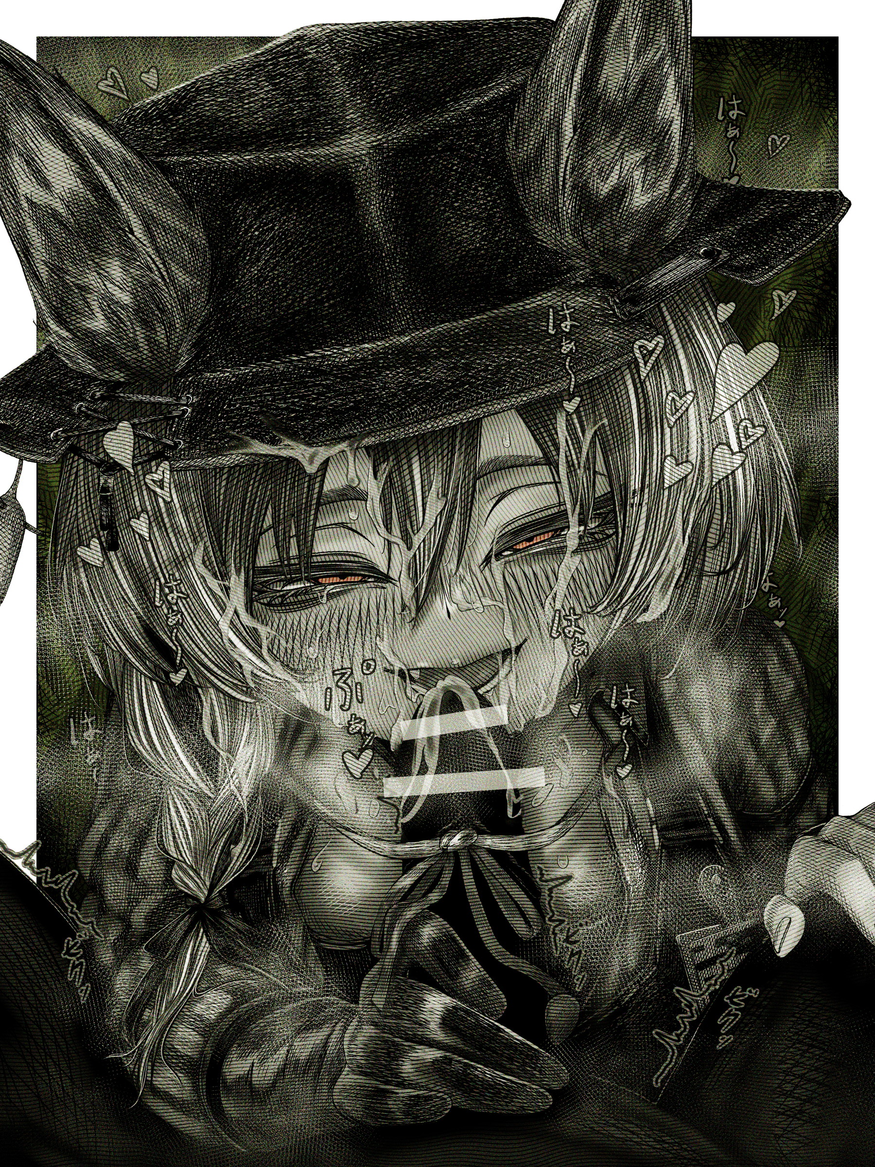 kyoeikyoei52906, beanstalk (arknights), arknights, absurdres, commentary request, highres, 1boy, 1girl, after fellatio, animal ear fluff, animal ears, blank censor, blush, braid, censored, ears through headwear, gloves, greyscale, hair between eyes, hetero, hyena ears, hyena girl, hyena tail, id card, long hair, long sleeves, monochrome, orange eyes, penis, pov, single braid, single glove, spot color