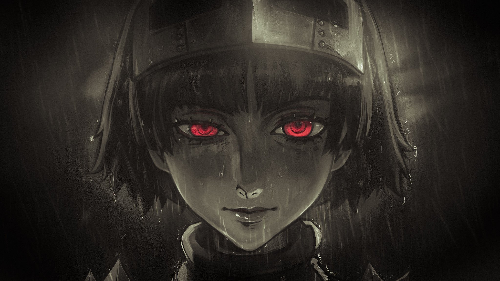 chapinor, niijima makoto, queen (persona 5), chainsaw man, persona, persona 5, highres, redrawn, 1girl, bruise, bruise on face, closed mouth, half-closed eye, injury, lips, looking at viewer, mask, metal mask, portrait, rain, red eyes, reze's eye twitch (chainsaw man), scene reference, sepia, short hair, straight-on, uneven eyes, vignetting, water drop