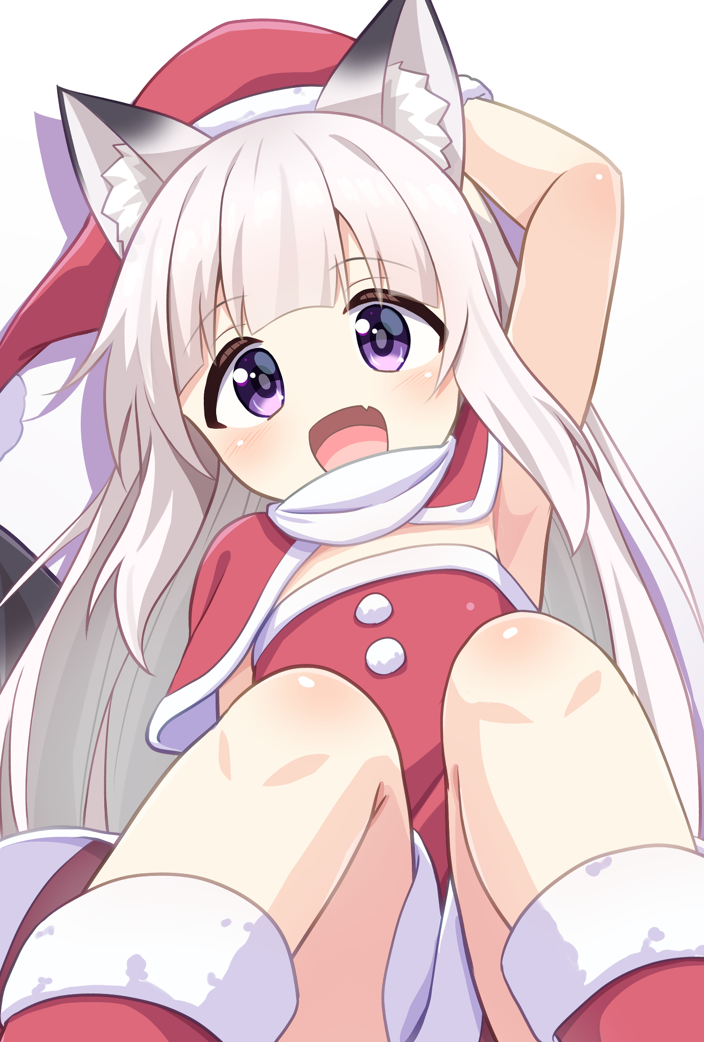 mogura2009, original, commentary request, highres, korean commentary, 1girl, :d, animal ear fluff, animal ears, bag, belt, blunt bangs, blush, boots, bow, brown belt, christmas, climbing, dress, dress bow, fang, fox ears, fox girl, fox tail, fur-trimmed boots, fur-trimmed gloves, fur trim, gloves, grey hair, hair over shoulder, hat, holding, holding bag, knees together feet apart, long hair, looking at viewer, momo (mogura2009), open mouth, purple eyes, red boots, red gloves, red hat, santa costume, santa dress, santa hat, short dress, sitting, skin fang, smile, solo, tail, very long hair