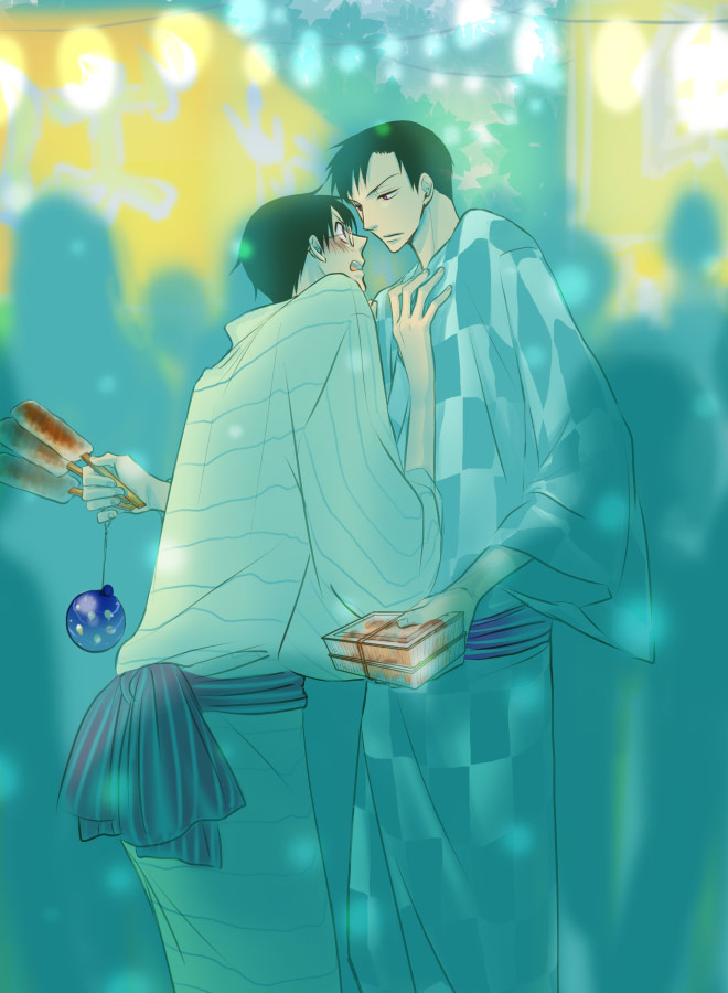 doumeki shizuka, watanuki kimihiro, xxxholic, 00s, 2boys, blush, glasses, japanese clothes, kimono, male focus, multiple boys, ribbon, short hair, yukata