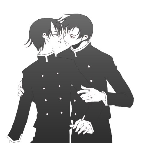 doumeki shizuka, watanuki kimihiro, xxxholic, arm grab, lowres, 00s, 2boys, eye contact, from behind, glasses, hug, hug from behind, imminent kiss, kiss, looking at another, looking back, male focus, monochrome, multiple boys, school uniform, serious, short hair, surprised, yaoi