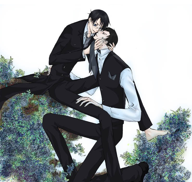 doumeki shizuka, watanuki kimihiro, xxxholic, 00s, 2boys, barefoot, glasses, male focus, multiple boys, necktie, smile, yaoi