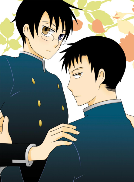 doumeki shizuka, watanuki kimihiro, xxxholic, 00s, 2boys, blush, glasses, heterochromia, male focus, multiple boys, school uniform, yaoi