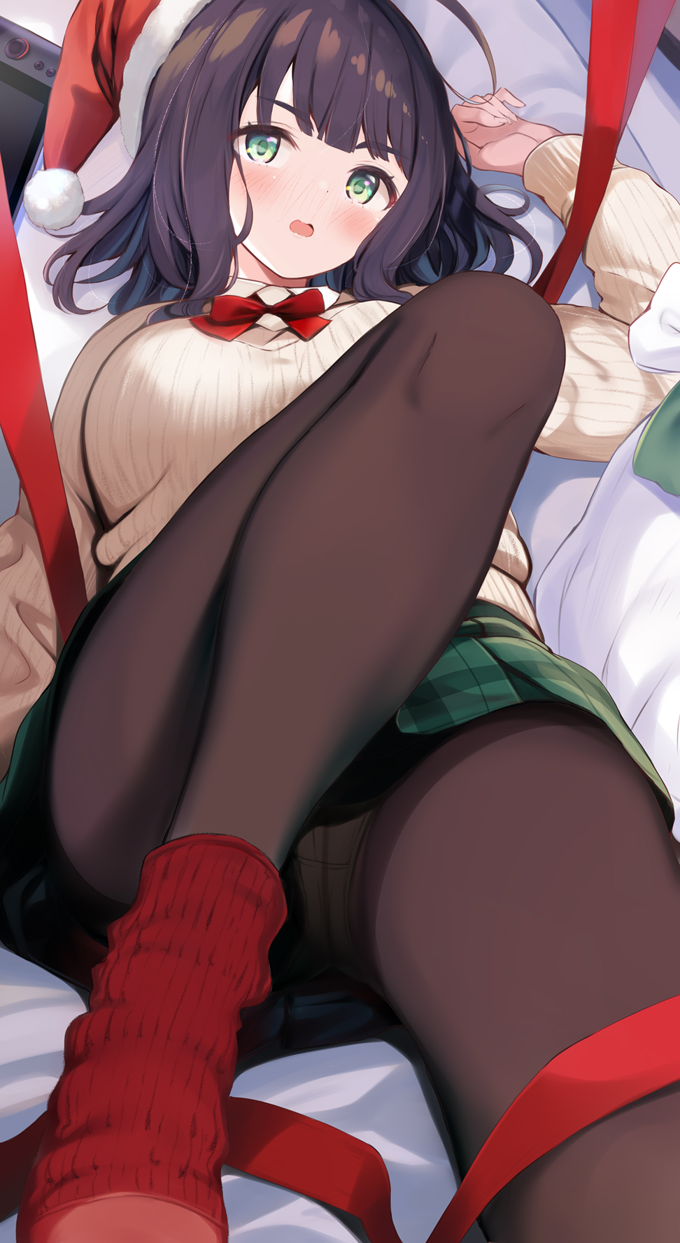 komone ushio, original, commentary request, highres, 1girl, bed sheet, black hair, black pantyhose, blunt bangs, blush, brown sweater, green eyes, handheld game console, hat, knee up, long sleeves, looking at viewer, lying, on back, open mouth, panties, panties under pantyhose, pantyhose, red ribbon, red socks, ribbon, santa hat, sidelocks, socks, solo, sweater, underwear, wavy mouth, white panties