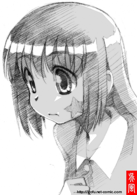 gofu, kunihiro hajime, saki (manga), traditional media, 00s, 1girl, female focus, greyscale, monochrome, sketch, solo, spot color, star (symbol), white background