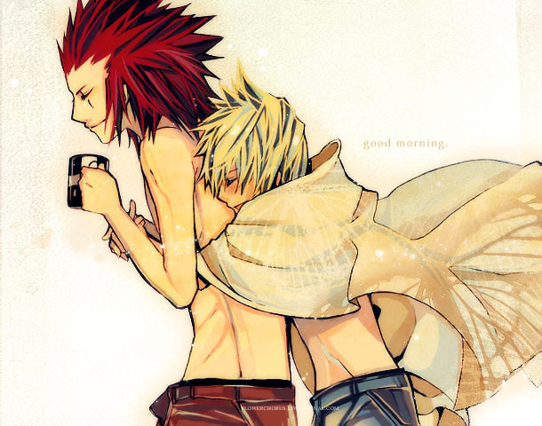 axel, roxas, kingdom hearts, 2boys, blush, closed eyes, gradient background, happy, male focus, multiple boys, smile, topless male, white background, yaoi