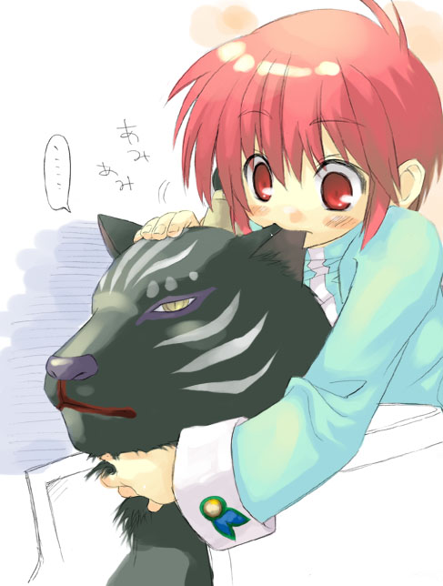 eugene gallardo, mao (tales), tales of (series), tales of rebirth, fur, 2boys, animal, biting, blush, child, multiple boys, red eyes, red hair, short hair