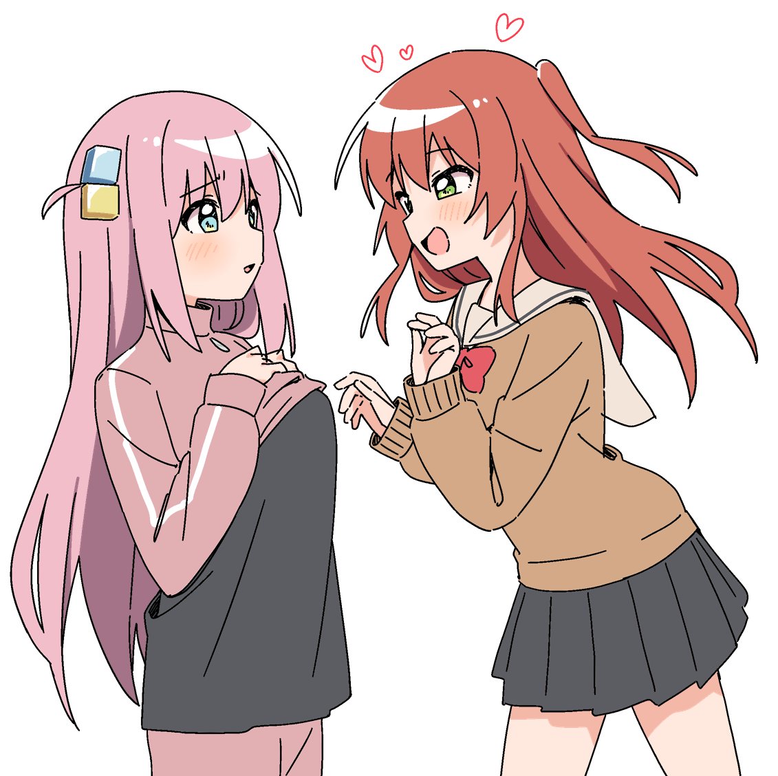 haru (konomi 150), gotoh hitori, kita ikuyo, bocchi the rock!, commentary, 2girls, :d, black shirt, black skirt, blue eyes, blush, bow, bowtie, brown shirt, clothes lift, cube hair ornament, eye contact, green eyes, hair between eyes, hair ornament, jacket, jacket lift, long hair, long sleeves, looking at another, multiple girls, one side up, open mouth, pants, pink hair, pink jacket, pink pants, pink track suit, pleated skirt, red bow, red bowtie, red hair, sailor collar, school uniform, shirt, shuka high school uniform, simple background, skirt, smile, track jacket, track suit, untucked shirt, white background, white sailor collar, yuri