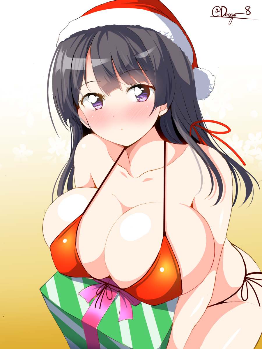 deego (omochi bazooka), yura kanade, original, commentary request, highres, 1girl, bikini, black hair, blunt bangs, blush, breast rest, breasts, carried breast rest, carrying, christmas present, cleavage, closed mouth, collarbone, dot mouth, gift, gradient background, hair ribbon, hat, large breasts, long hair, looking at viewer, purple eyes, red bikini, red ribbon, ribbon, santa hat, side-tie bikini bottom, sidelocks, signature, simple background, solo, swimsuit, yellow background
