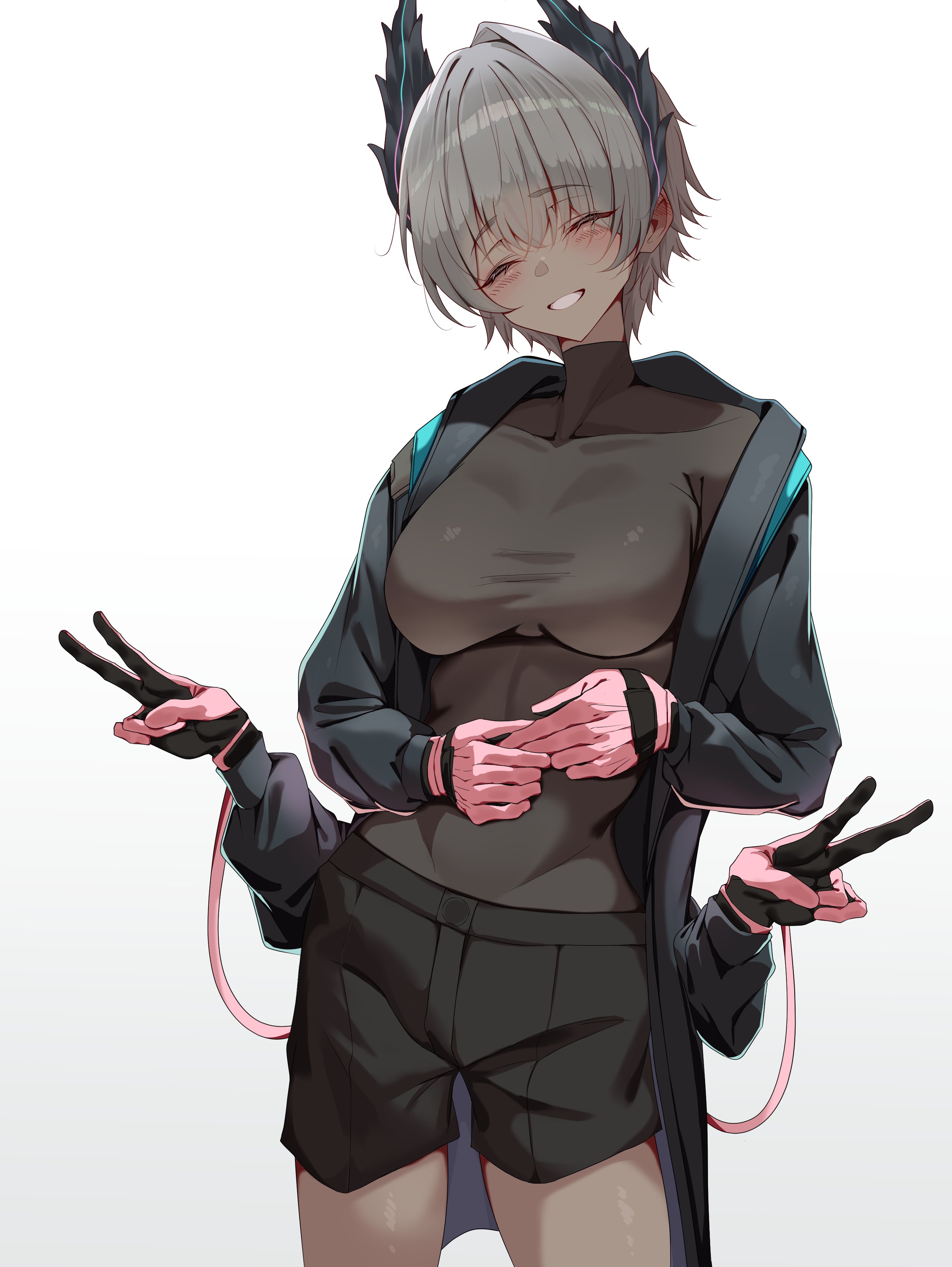 sonna watashi, raidian (arknights), arknights, absurdres, commentary, highres, 1girl, :d, black coat, black gloves, black shirt, black shorts, blush, breasts, coat, covered collarbone, cowboy shot, dark-skinned female, dark skin, double v, extra arms, facing viewer, gloves, gradient background, grey background, grey hair, grin, long sleeves, medium breasts, open mouth, own hands together, pink gloves, shirt, short hair, shorts, skin tight, smile, solo, standing, turtleneck, turtleneck shirt, v, white background