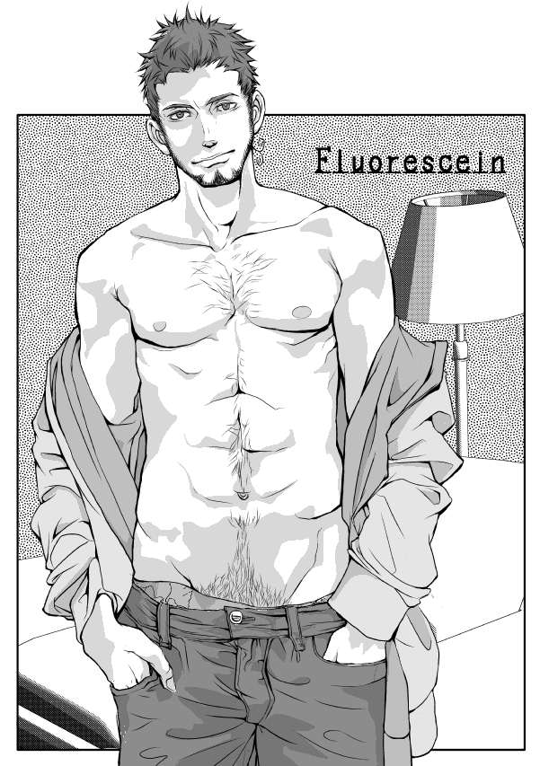 clc, turkey (hetalia), axis powers hetalia, bad id, bad pixiv id, 00s, 1boy, ahoge, beard, body hair, chest hair, facial hair, greyscale, hands in pockets, head tilt, indoors, jacket, male focus, monochrome, muscular, navel hair, open clothes, open jacket, sideburns, smirk, solo, topless male