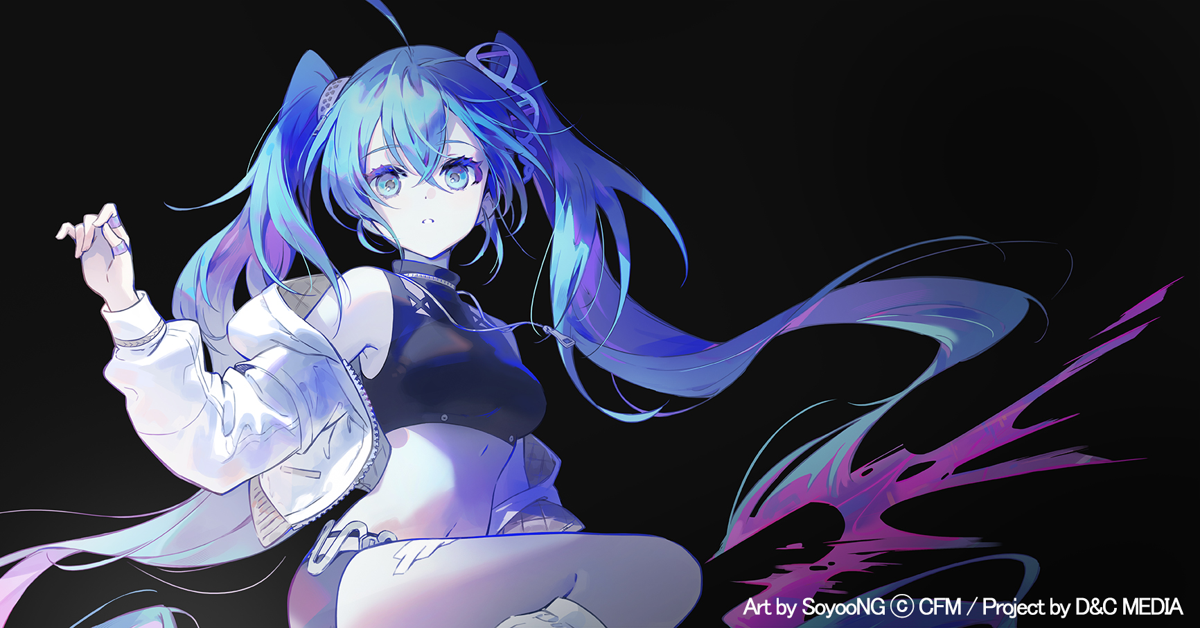 soyoong jun, hatsune miku, vocaloid, commentary request, highres, 1girl, black background, black shorts, blue eyes, blue hair, breasts, company name, crop top, dna, double helix, hair between eyes, hair ornament, jacket, jewelry, long hair, looking at viewer, medium breasts, midriff, multiple rings, navel, open clothes, open jacket, project 01: time-loop, ring, shirt, short shorts, shorts, simple background, sleeveless, sleeveless shirt, solo, stomach, timeloop miku, twintails, very long hair, white jacket