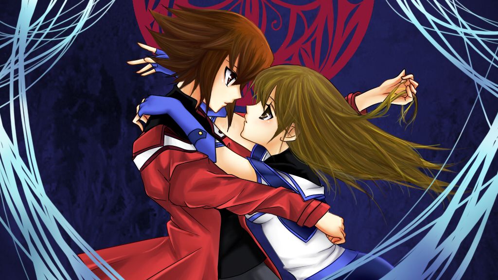 mizuto (laku), tenjouin asuka, yuki judai, yu-gi-oh!, yu-gi-oh! gx, 1boy, 1girl, blonde hair, boots, brown hair, couple, duel academy uniform (yu-gi-oh! gx), gloves, hetero, long hair, miko embrace, obelisk blue uniform, osiris red uniform, parody, school uniform