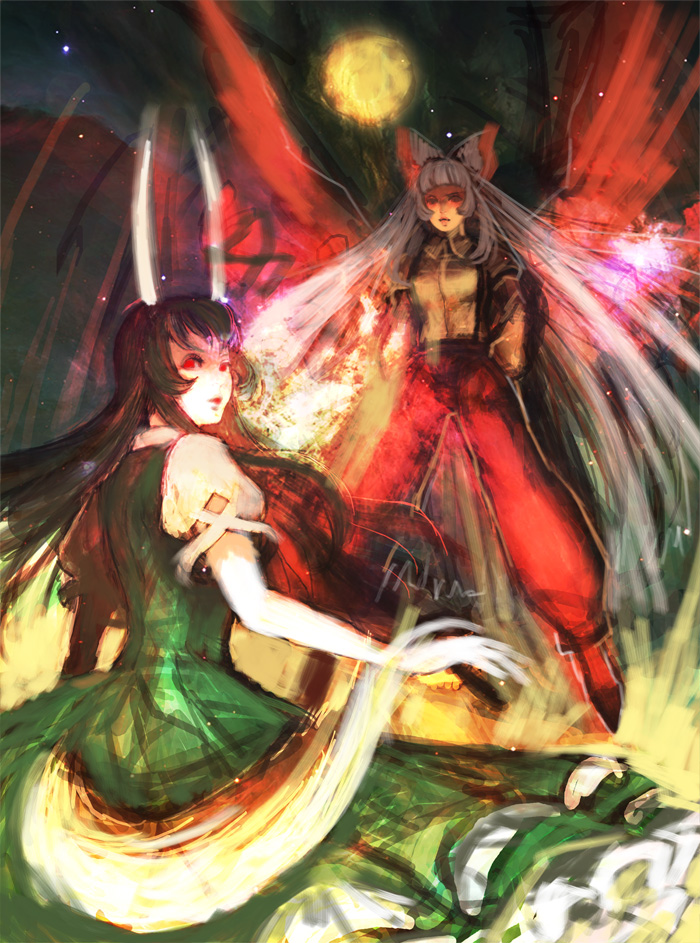 yuyayuyo, ex-keine, fujiwara no mokou, kamishirasawa keine, touhou, silver hair, 2girls, annoyed, bow, dress, female focus, fiery wings, fire, floating, full moon, green hair, hair bow, hair ribbon, hands in pockets, horns, long hair, long sleeves, looking back, moon, multiple girls, night, pants, red eyes, ribbon, shirt, shoes, short sleeves, sky, suspenders, tail, very long hair, wings