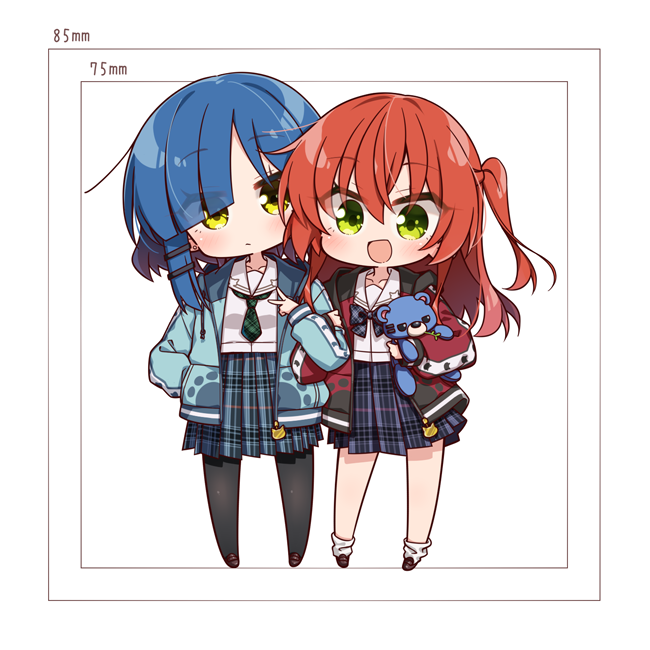 chika (06chimika13), kita ikuyo, yamada ryo, bocchi the rock!, commentary request, 2girls, alternate costume, black pantyhose, blue hair, blue jacket, blue skirt, brown shoes, chibi, chibi only, closed mouth, collarbone, green eyes, green necktie, hair ornament, hairclip, hand in pocket, holding, holding stuffed toy, hood, hood down, hooded jacket, jacket, long hair, long sleeves, looking at viewer, multiple girls, necktie, open clothes, open jacket, pantyhose, parallel hairclips, pleated skirt, purple skirt, red hair, red jacket, shoes, short hair, simple background, skirt, socks, stuffed animal, stuffed toy, teddy bear, white background, white socks, yellow eyes