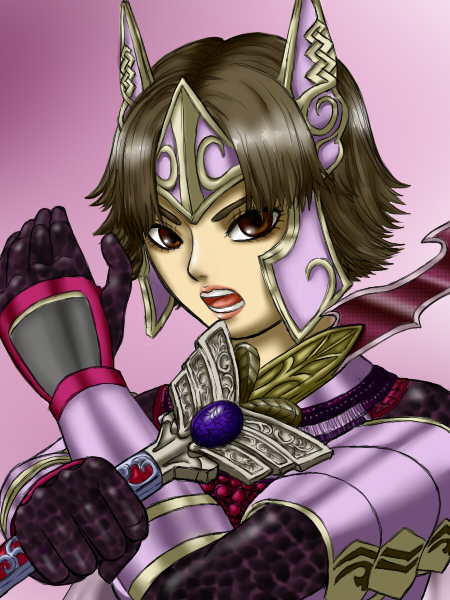 yukasu ri@, tachibana ginchiyo (sengoku musou), sengoku musou, sengoku musou 3, armor, brown eyes, brown hair, crown, headdress, short hair, sword, weapon