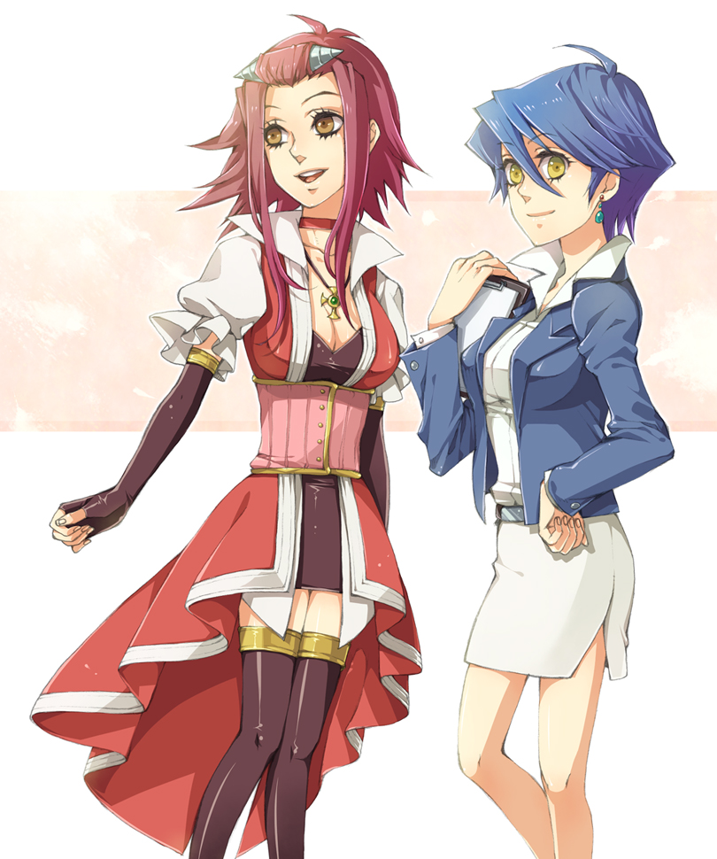 himekawa donki, playplace, izayoi aki, sagiri mikage, yu-gi-oh!, yu-gi-oh! 5d's, 00s, 2girls, blue hair, breasts, brown eyes, choker, cleavage, clipboard, earrings, elbow gloves, fingerless gloves, gloves, happy, jewelry, large breasts, multiple girls, necklace, red hair, short hair, skirt, smile, standing, thighhighs, yellow eyes