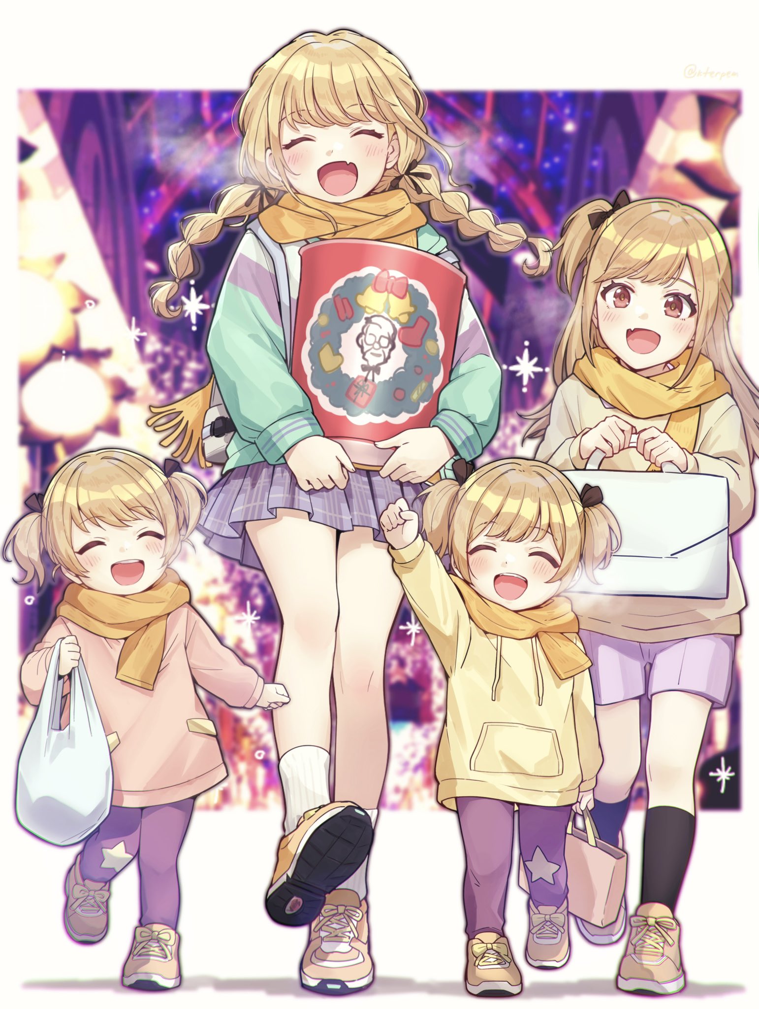 fujita kotone, fujita kotone's sister, gakuen idolmaster, idolmaster, kfc, commentary request, highres, 4girls, :d, bag, black ribbon, blonde hair, blush, braid, closed eyes, fang, full body, hair ribbon, holding, holding bag, ktrtpem, long sleeves, miniskirt, multiple girls, one side up, open mouth, pleated skirt, red eyes, ribbon, scarf, shoes, siblings, sisters, skin fang, skirt, smile, sneakers, twin braids, twintails, twitter username, walking, walking towards viewer, yellow scarf, yellow shoes
