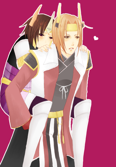 moidixmois, ishida mitsunari (sengoku musou), tachibana ginchiyo (sengoku musou), sengoku musou, sengoku musou 2, armor, brown eyes, brown hair, carrying, crown, orange hair, piggyback, short hair