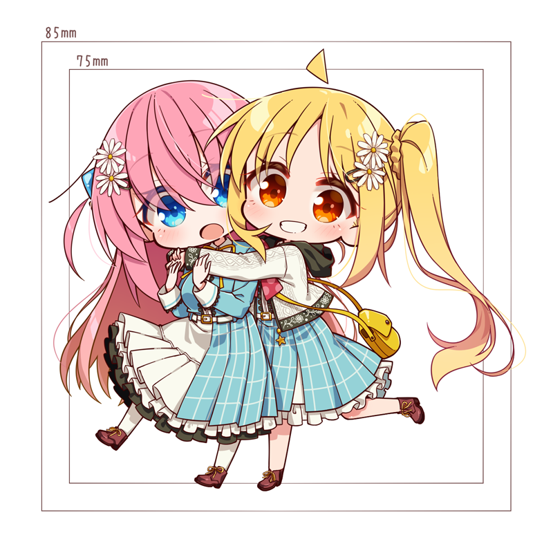 chika (06chimika13), gotoh hitori, ijichi nijika, bocchi the rock!, commentary request, 2girls, ahoge, alternate costume, bag, blonde hair, blue dress, blue eyes, blush, bow, bowtie, breasts, brown shoes, chibi, chibi only, cube hair ornament, dress, flower, grin, hair between eyes, hair flower, hair ornament, handbag, hood, hood down, hooded jacket, hug, hug from behind, jacket, large breasts, long hair, long sleeves, looking at viewer, multiple girls, open clothes, open jacket, open mouth, pantyhose, pink hair, polka dot, polka dot bow, polka dot bowtie, red bow, red bowtie, red eyes, shoes, side ponytail, simple background, smile, teeth, white background, white jacket, white pantyhose, yellow bag