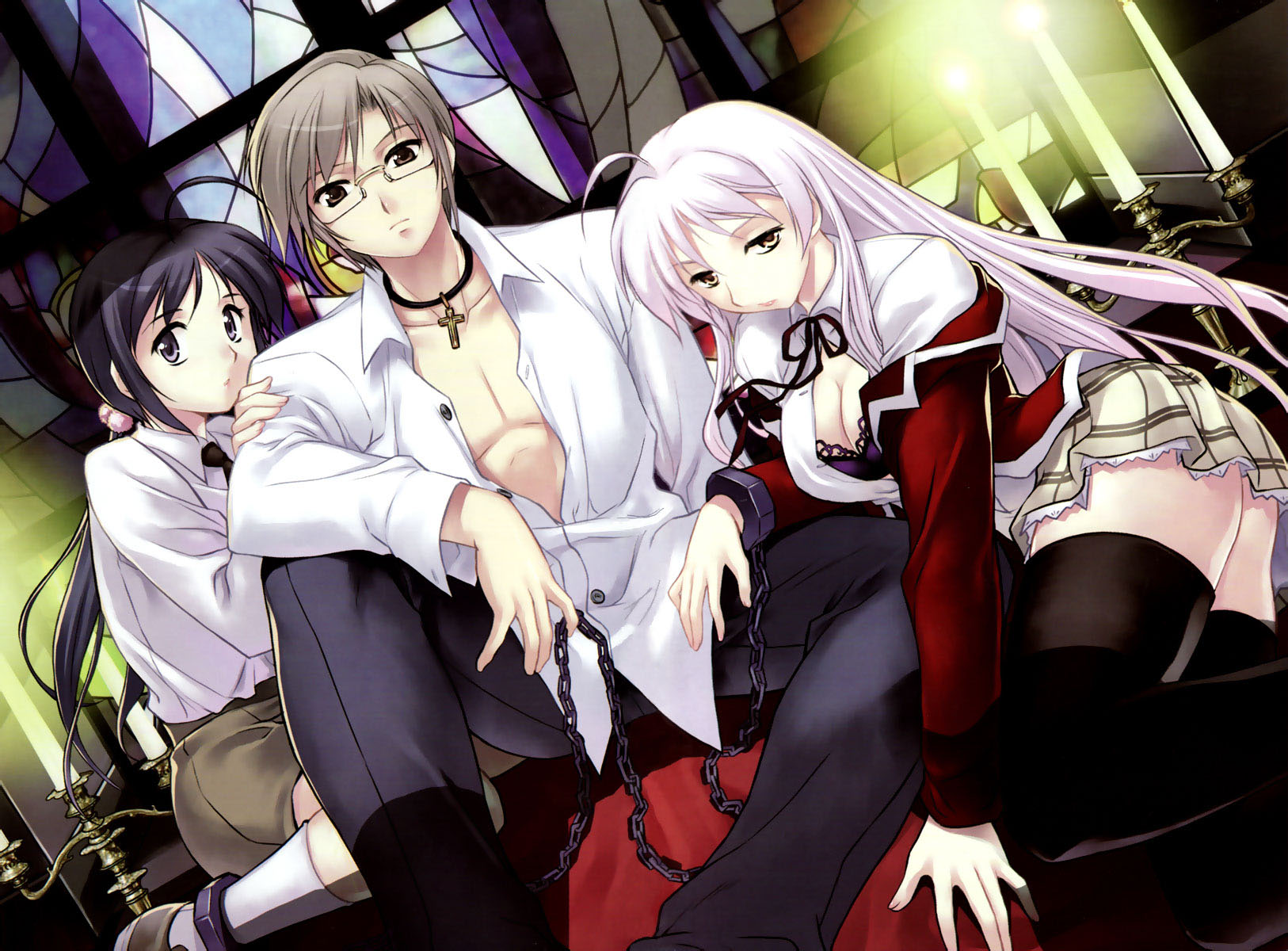 kim kwang hyun, gehenna (aflame inferno), kang shichan, shin chaehee, aflame inferno, silver hair, highres, 2girls, ahoge, bdsm, black hair, black thighhighs, blonde hair, bondage, bound, breasts, chain, cleavage, korean text, large breasts, long hair, multiple girls, thighhighs, yellow eyes