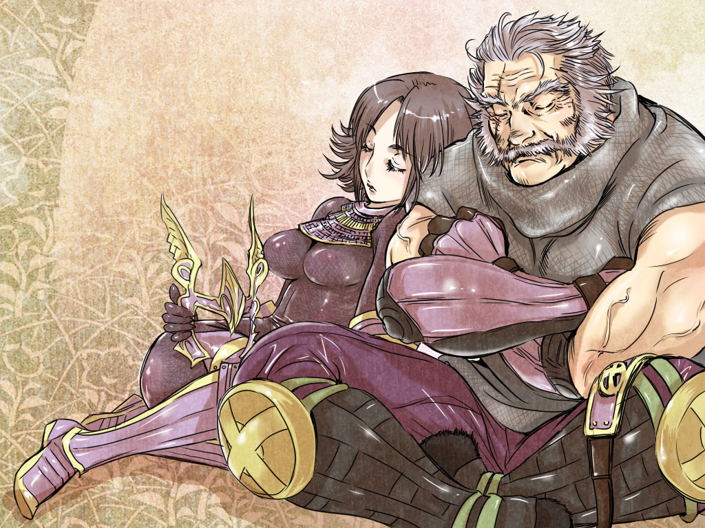 geru (anorexia), shimazu yoshihiro (sengoku musou), tachibana ginchiyo (sengoku musou), sengoku musou, sengoku musou 3, armor, bodysuit, brown hair, crown, facial hair, grey hair, scar, short hair, sitting, sleeping