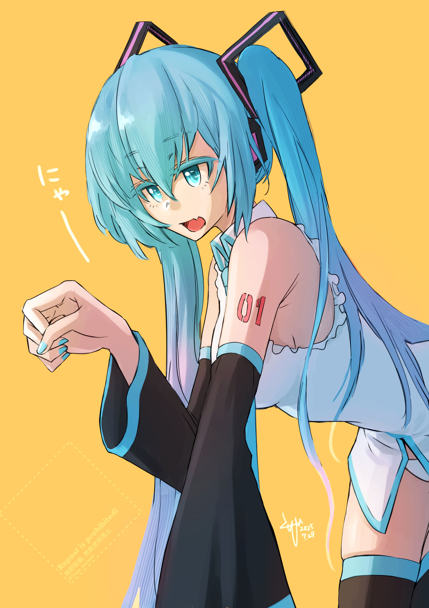 kohei painter, hatsune miku, vocaloid, commentary request, highres, 1girl, all fours, aqua eyes, aqua hair, aqua nails, black boots, boots, detached sleeves, long hair, looking to the side, nail polish, no pants, number tattoo, orange background, panties, shirt, shoulder tattoo, signature, simple background, sleeveless, sleeveless shirt, solo, tattoo, thigh boots, twintails, underwear, white panties, white shirt