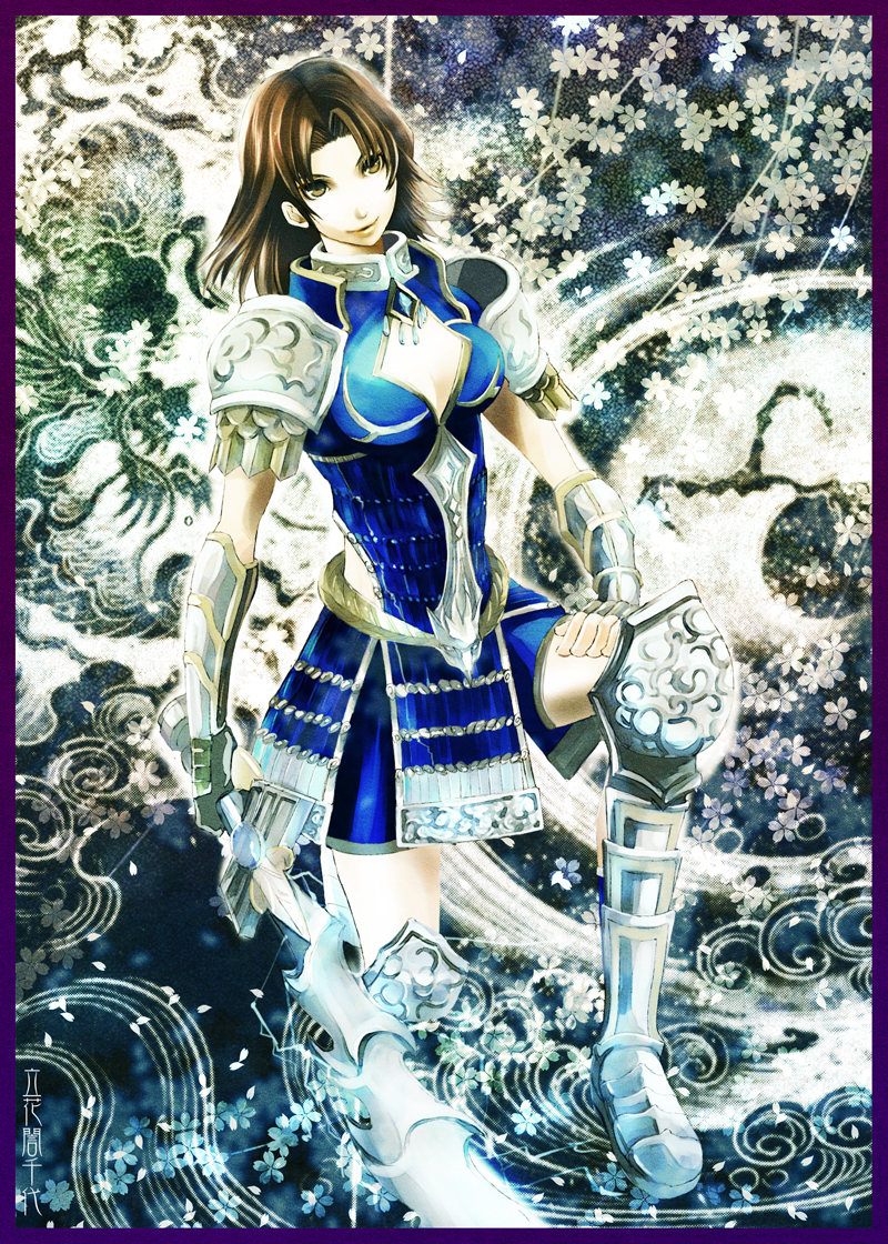 anoringo, tachibana ginchiyo (sengoku musou), musou orochi, sengoku musou, sengoku musou 2, armor, boots, brown eyes, brown hair, cleavage cutout, clothing cutout, official alternate costume, short hair, sword, thighs, weapon