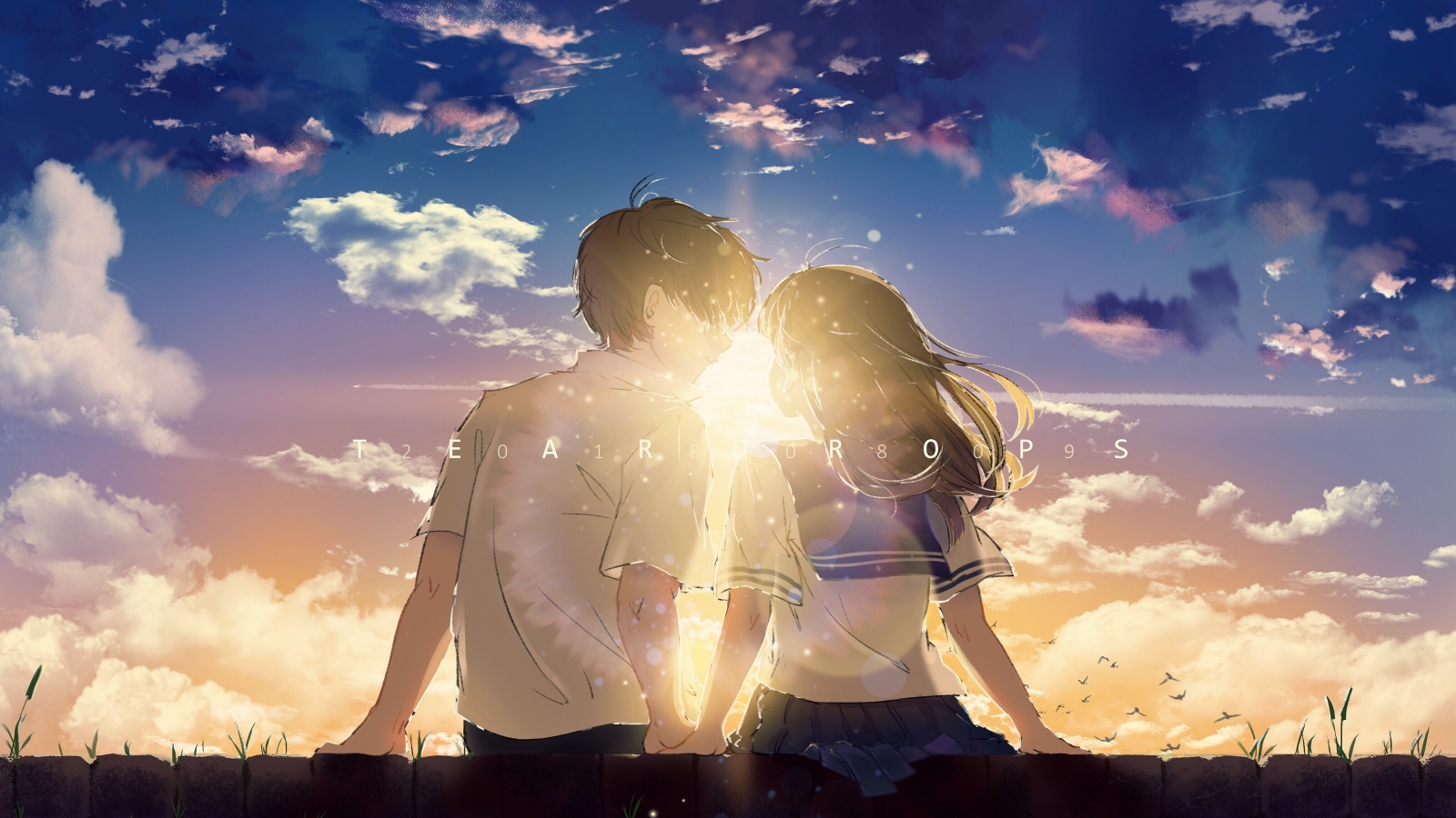 teardrops (user vgvd7733), original, commentary, english commentary, highres, 1boy, 1girl, artist name, black hair, black pants, blue sailor collar, blue skirt, brick floor, closed mouth, cloud, couple, dated, flock, from behind, hand on another's hand, hetero, looking at another, medium hair, outdoors, pants, pleated skirt, sailor collar, shirt, short hair, short sleeves, sitting, skirt, sky, sunlight, sunset, turning head, white shirt