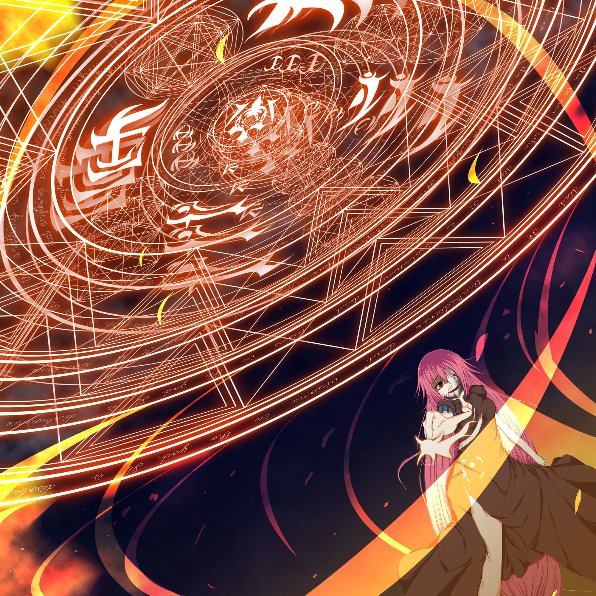 hoshizuki (seigetsu), pixiv fantasia, pixiv fantasia 3, highres, 1girl, female focus, long hair, magic circle, mask, pink hair, solo