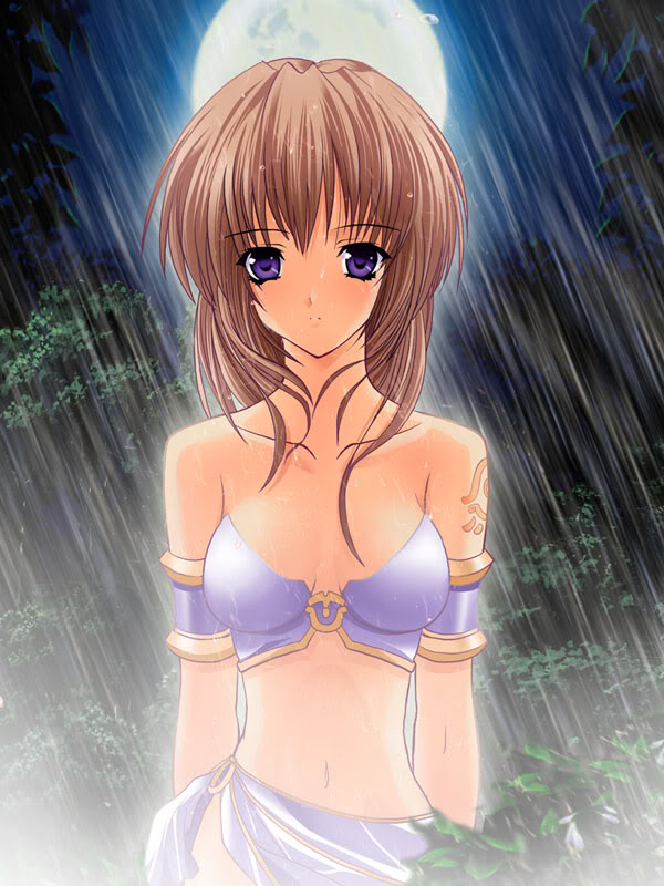 tagme, 1girl, armor, bikini armor, breasts, brown hair, female focus, navel, outdoors, plant, purple hair, rain, sky, solo, standing, tattoo