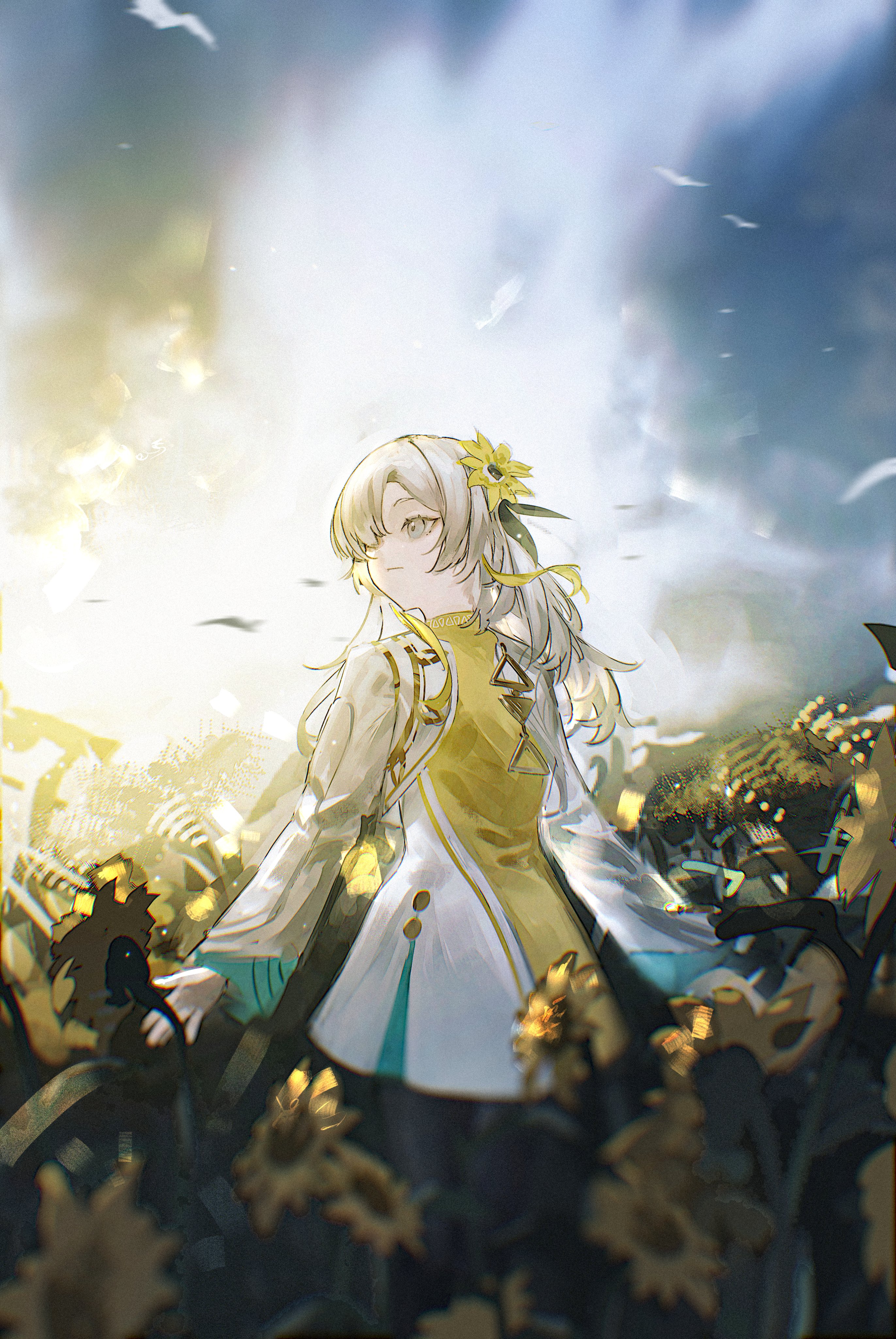 shiraishi kanoya, isekaijoucho, kamitsubaki studio, absurdres, commentary request, highres, 1girl, blonde hair, dress, field, flock, flower, flower field, grey eyes, hair flower, hair ornament, heterochromia, long hair, looking to the side, multicolored hair, outdoors, pantyhose, red eyes, sky, solo, sunflower, sunflower field, two-tone hair