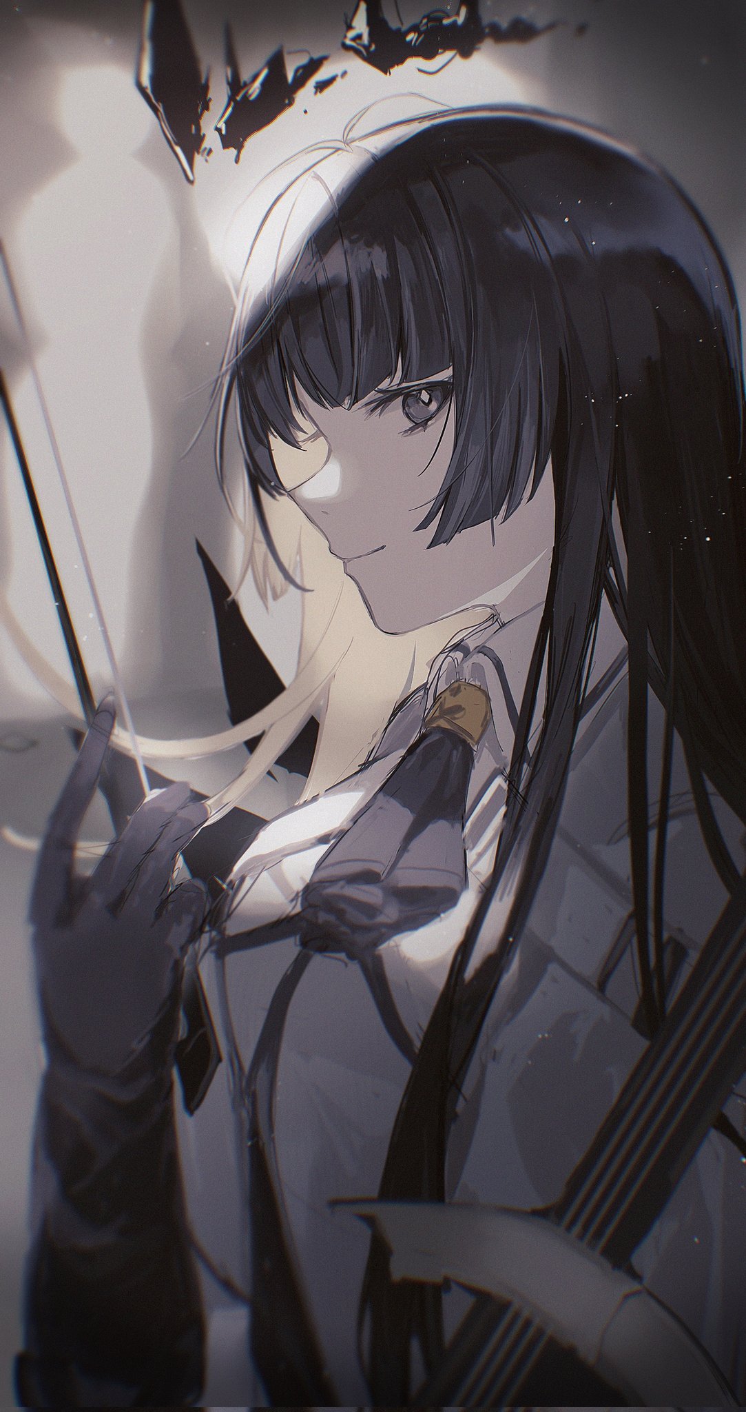 mochi194745, virtuosa (arknights), arknights, commentary, corrupted twitter file, highres, 1girl, ascot, black ascot, black eyes, black gloves, black hair, black halo, blurry, bow (music), bright pupils, closed mouth, collared shirt, diamond-shaped pupils, diamond (shape), film grain, gloves, halo, holding, holding bow (music), light particles, light smile, long hair, looking at viewer, one-hour drawing challenge, profile, shirt, solo, symbol-shaped pupils, upper body, white pupils, white shirt