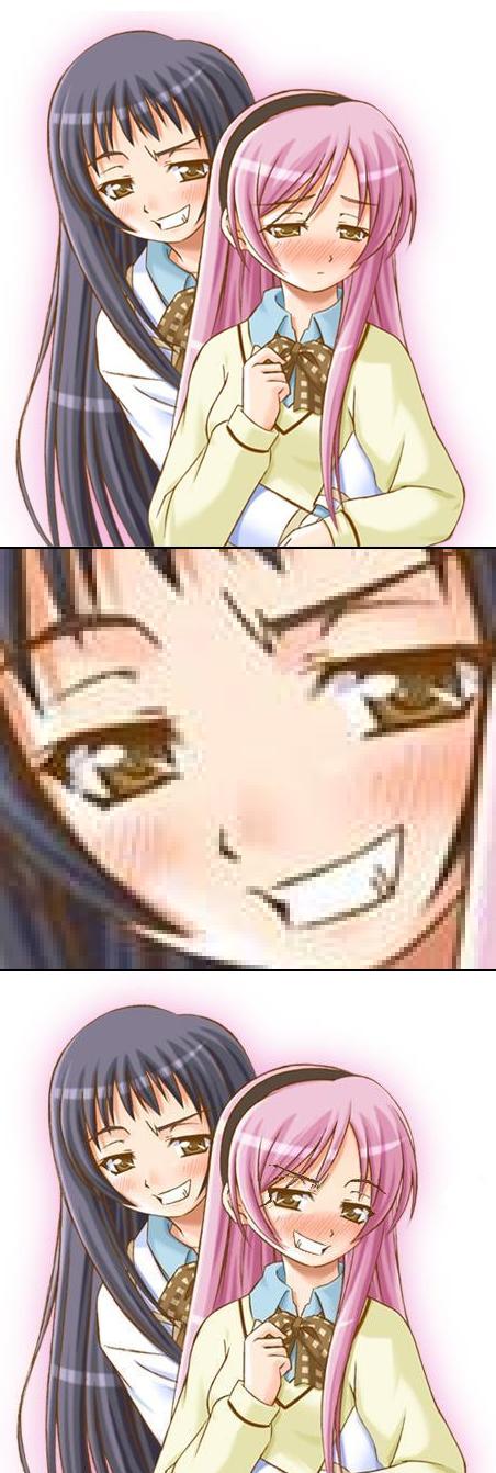 nanto yaya, okuwaka tsubomi, strawberry panic!, highres, third-party edit, blush, close-up, comic, embarrassed, from behind, hug, naughty face, parody, raised eyebrow, smile