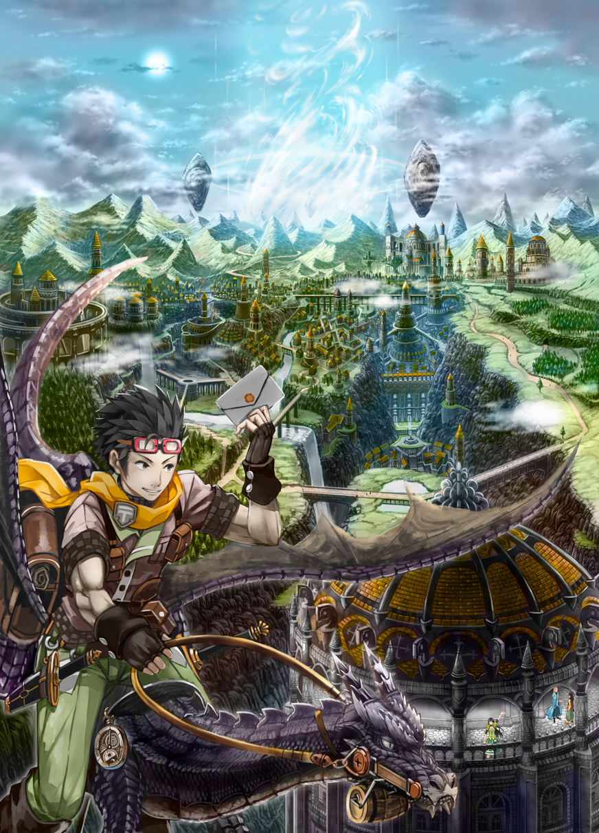 nagi itsuki, original, commentary request, highres, 1boy, black eyes, black hair, blue sky, brown gloves, day, dragon, envelope, fantasy, fingerless gloves, gloves, goggles, goggles on head, holding, holding envelope, holding reins, male focus, outdoors, parted lips, reins, scarf, scenery, sheath, sheathed, short hair, short sleeves, sky, smile, solo, sword, water, waterfall, weapon, yellow scarf