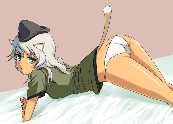 rison, giuseppina ciuinni, strike witches, strike witches: suomus misfits squadron, world witches series, 00s, 1girl, animal ears, ass, bed, blue eyes, female focus, grey hair, hat, military, military uniform, panties, solo, tail, underwear