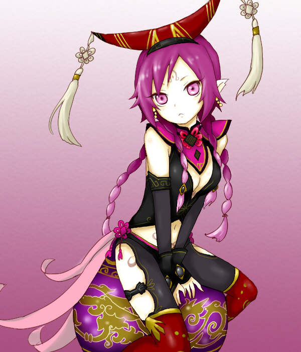 chaki (chackiin), da ji, musou orochi, braid, hat, long hair, pale skin, purple eyes, purple hair, sitting, tattoo