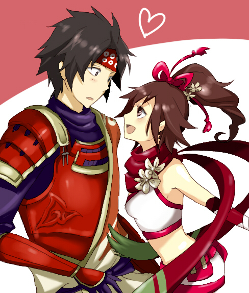 chaki (chackiin), kunoichi (sengoku musou), sanada yukimura (sengoku musou), sengoku musou, sengoku musou 3, armor, black hair, brown hair, headband, long hair, ponytail, scarf, short hair