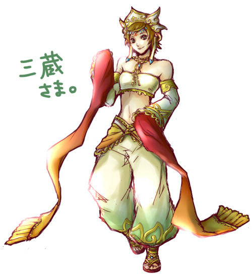 blockhouse, fashi sanzang, musou orochi, musou orochi 2, blue eyes, brown hair, detached sleeves, headdress, jewelry, necklace, sandals, short hair, strapless, tube top