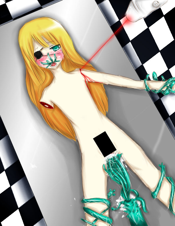 badou nails, dogs: bullets & carnage, blonde hair, censored, eyepatch, green eyes, guro, tentacle sex, tentacles